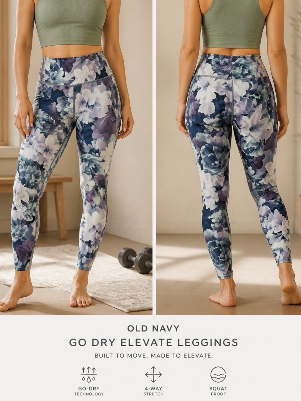 Stretchy OLD NAVY Elevate Go Dry Leggings Purple-Green Floral Palette, Large